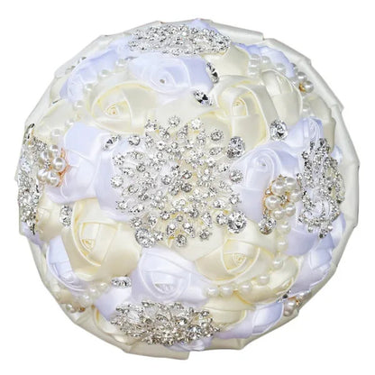 20CM Mixed Color Silk Ribbon Rose Wedding Flower Bouquet Luxury Pearl Crystal Brooch Bridal Bouquet Handmade Creative Bridesmaid Holding Flowers