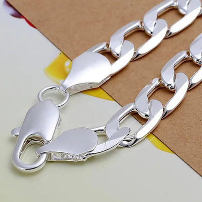 2PCS (Bracelet + Necklace) 925 Sterling Silver Smooth Flat Sideways Chain Necklace Fashion Luxury Exaggerated 16"-30" Fashion Exquisite Jewelry Sets for Women and Men