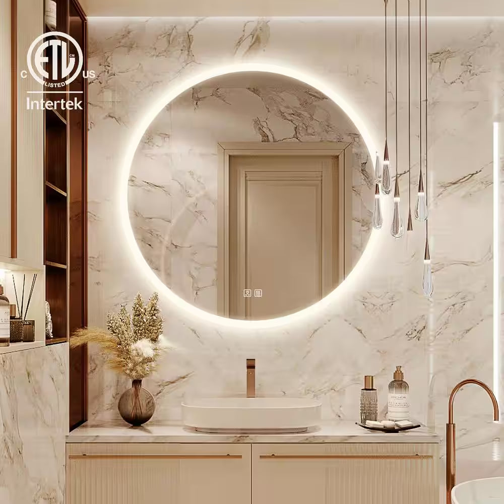 36 In. W X 36 In. H round Frameless LED Light with 3-Color and Anti-Fog Frosted Edge Wall Mounted Bathroom Vanity Mirror