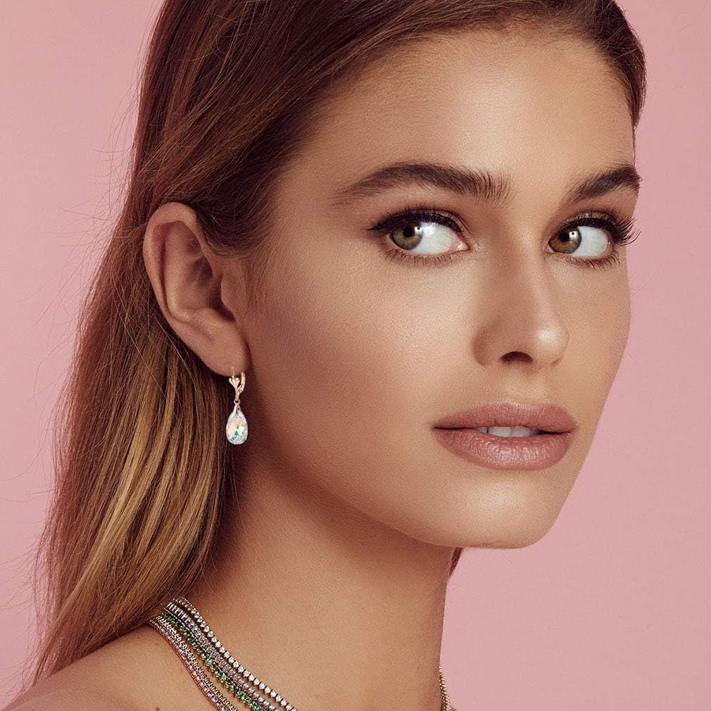 Austrian Crystal Teardrop Leverback Dangle Earrings for Women Fashion 14K Gold Plated Hypoallergenic Jewelry