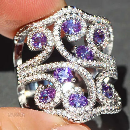Silver White Sapphire & Tanzanite Birthstone Gemstones Engagement Wedding Anniversary Heart Ring