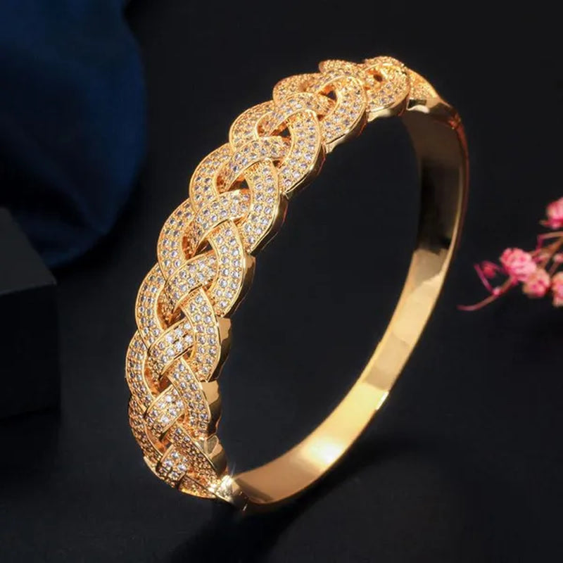 Gloriya Dubai Fashion Women Jewelry Full Micro Pave Tiny Bling AAA Cubic Zirconia Gold Rose Silver Plated Open Cuff Bangle Tennis Bracelet for Prom Party