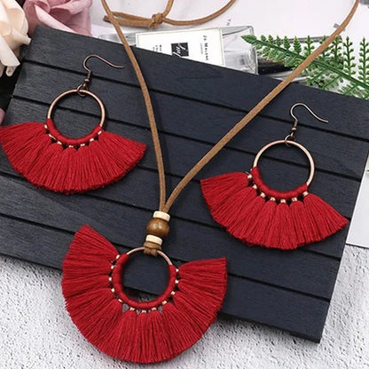 Retro Bohemia Tassel Fan-Shaped Necklace Earrings Set Tassel Jewelry Set Ethnic Big Necklace Beach Wear