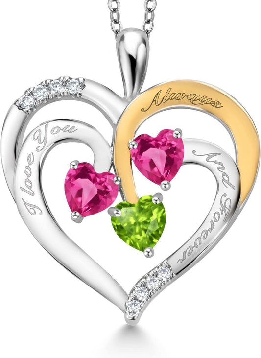2 Tone Pink Created Sapphire and Green Peridot Created Moissanite `I Love You Always and Forever` Engraved Pendant Necklace for Women (1.70 Cttw, Heart Shape 5MM, 18 Inch Chain)