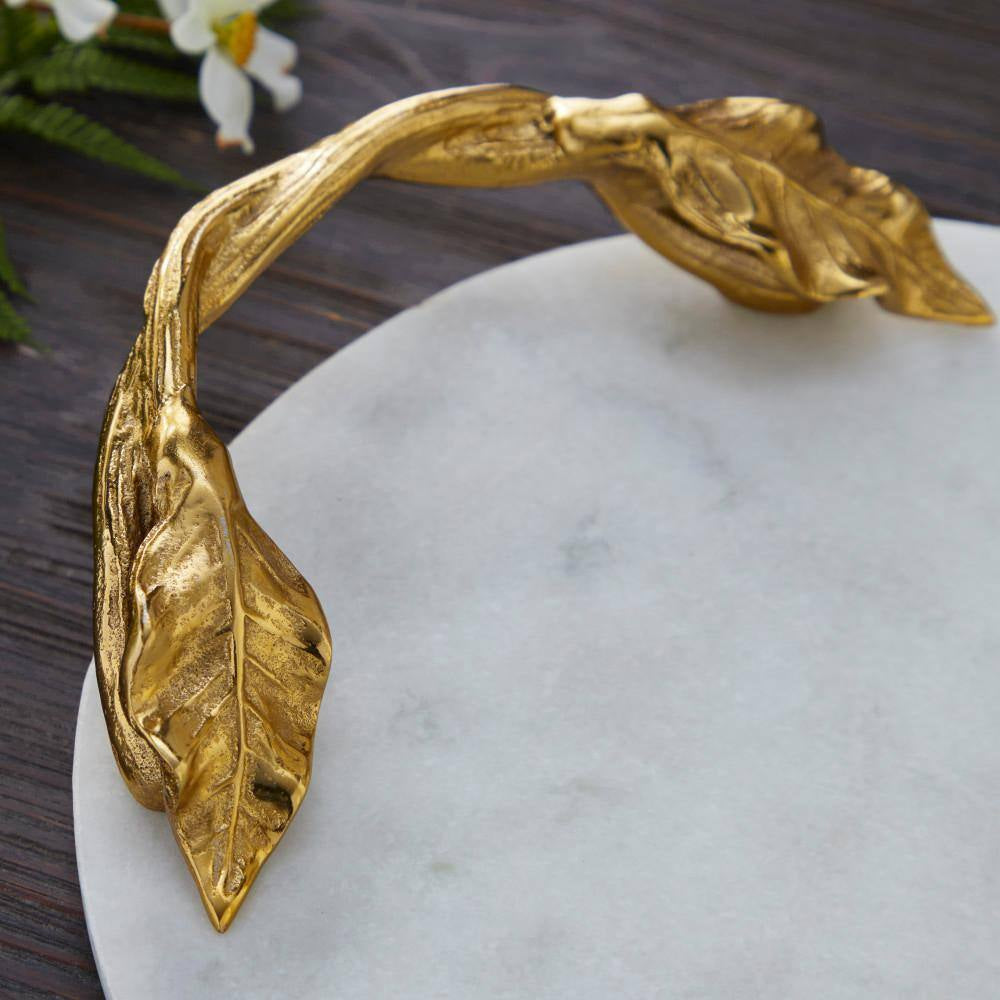 White Marble Decorative Tray with Gold Twisted Leaf Handles
