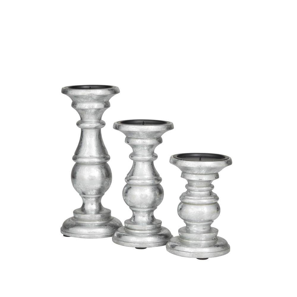 Silver Mango Wood Turned Style Pillar Candle Holder (Set of 3)