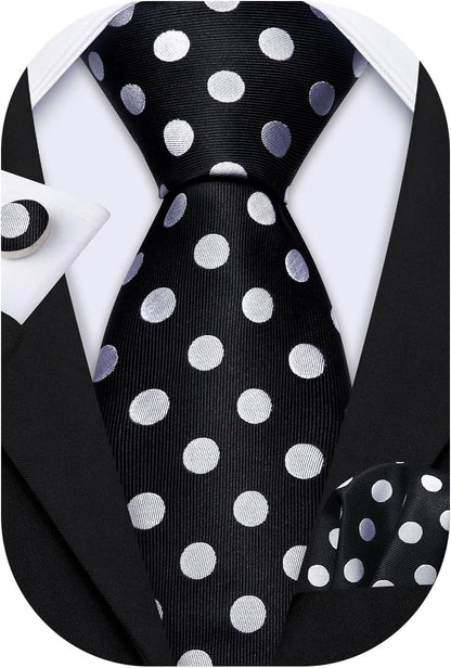 Men'S Tie Set Polka Dot Handkerchief Cufflinks Plaid Fashion Neckties Wedding Business
