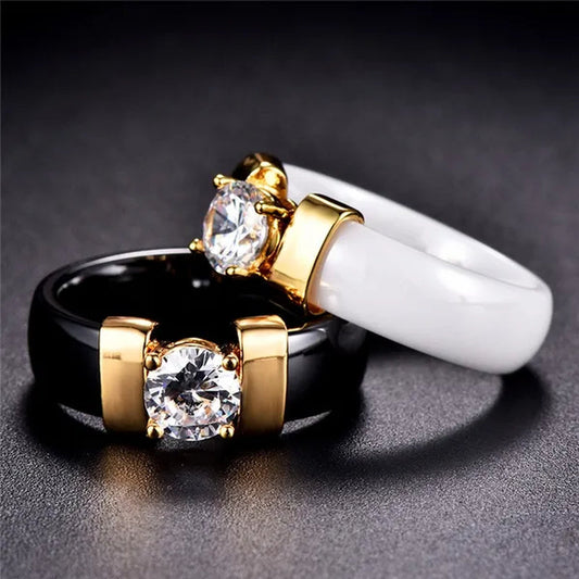 Fashion Male And Female Anti Allergy Black White Ceramic Ring Silver Gold Color  Diamond Solitare Ring Wedding Rings For Couple