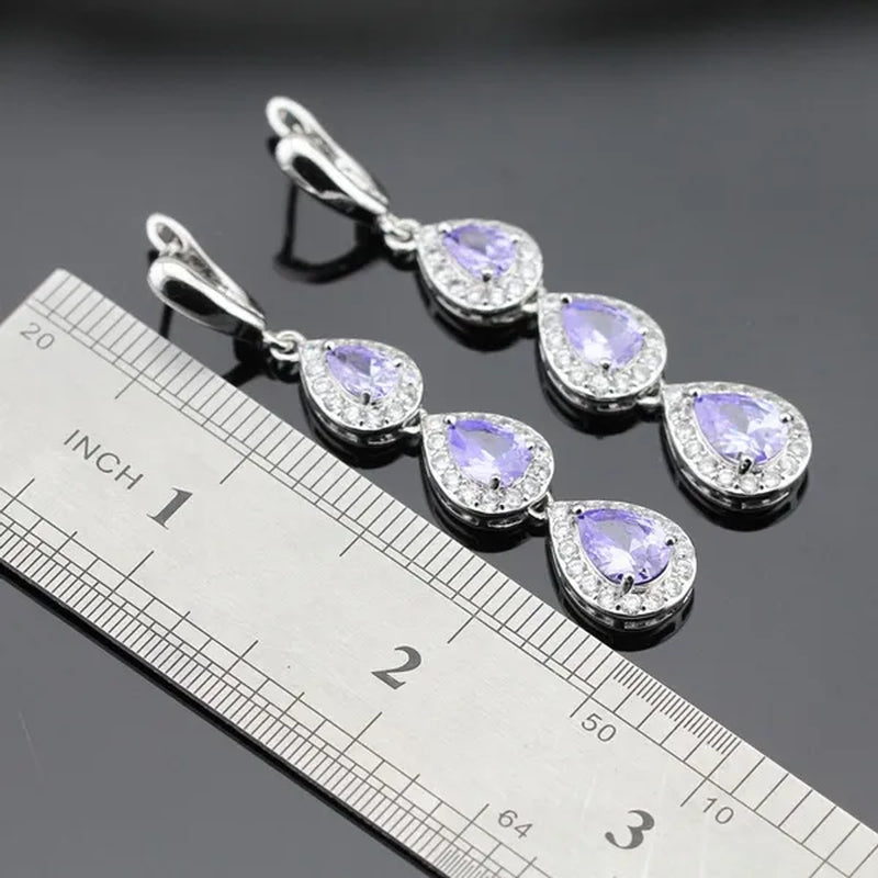 Water Drop Purple Amethyst White Topaz Zircon 925 Silver Wedding Jewelry Sets Necklace Pendant Long Earrings Rings For Women
