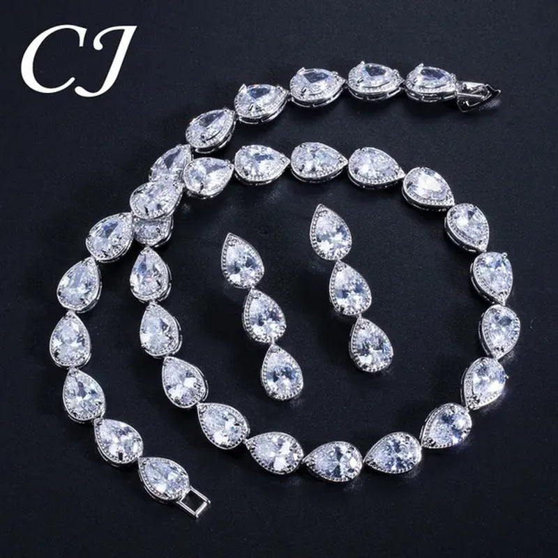 CANDICE Classic Zirconia Wedding Jewelry Sets For Bridal Luxury Teardrop CZ Stone White Gold Plated Party Chocker Necklace Earrings and Bracelet Set