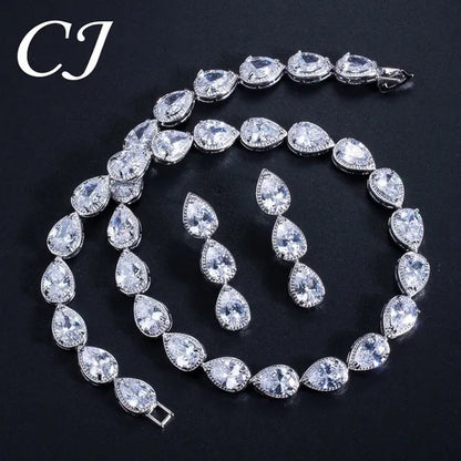 CANDICE Classic Zirconia Wedding Jewelry Sets For Bridal Luxury Teardrop CZ Stone White Gold Plated Party Chocker Necklace Earrings and Bracelet Set