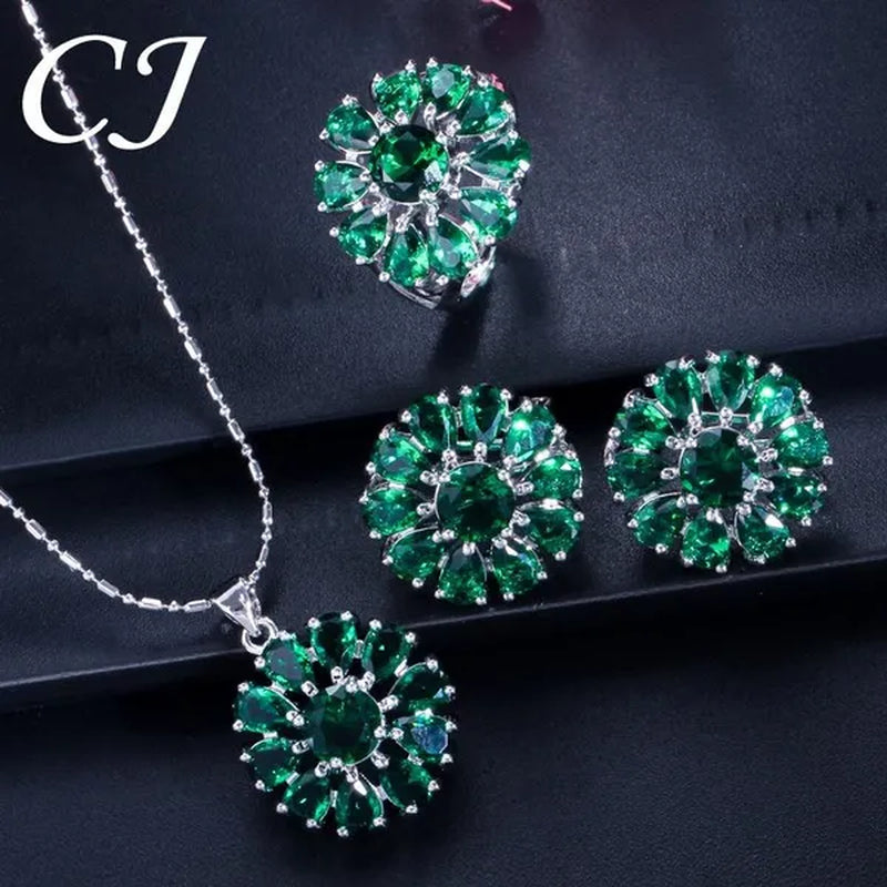 CANDICE Elegant Flower Jewelry Set Paved Green Stones Fashion Sterling Silver Plated Pendant Necklace Earrings Ring Sets