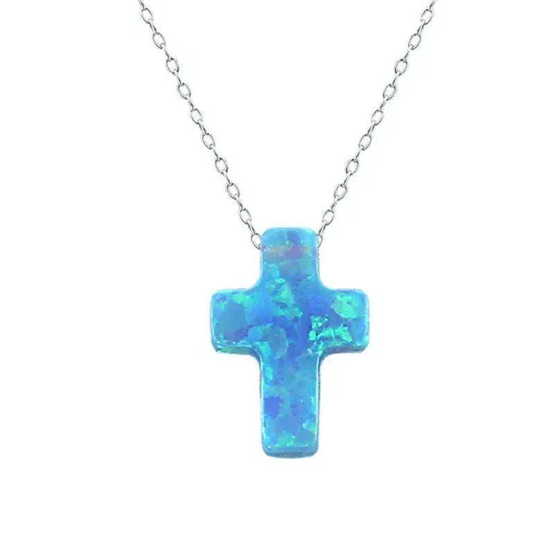 Blue Opal Cross Shaped Pendant Necklace for Women 925 Sterling Silver Chain Opal Jewelry