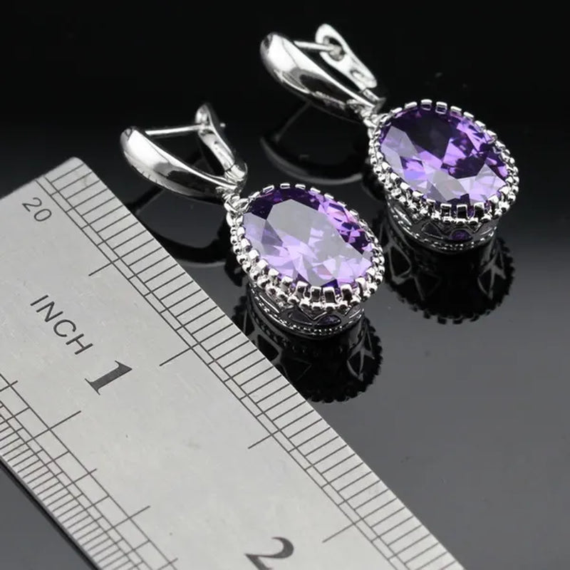 Oval Purple Amethyst Gem Stones Zircon Silver Jewelry Set Necklace Pendant Earrings Ring For Women