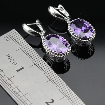 Oval Purple Amethyst Gem Stones Zircon Silver Jewelry Set Necklace Pendant Earrings Ring For Women