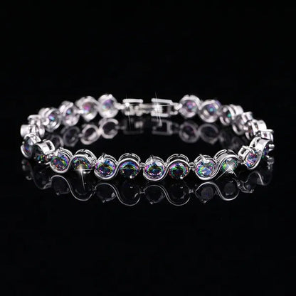 Gloriya Perfect Round Cut Mystic Rainbow Crystal Bangle Bracelets for Cocktail Party Lady Fashion CZ Silver Plated Jewelry Gifts