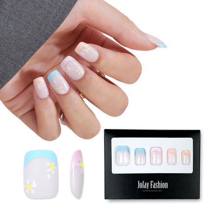 White Press on Nails Short,  Square Solid Color Fake Nails with Glue, Reusable & Natural Acrylic False Nails Stick on Nails for Women Girls Gift, Gel Nail Kit, 24pcs