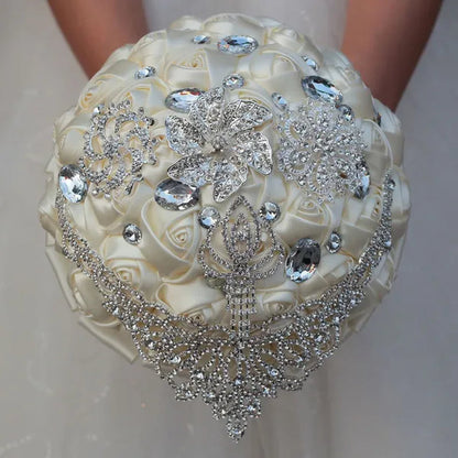 21CM Luxury Crystal Brooch Bridesmaid Bridal Bouquet Shiny Rhinestone Tassel Wedding Flower Bouquet Ribbon Silk Rose Artificial Flower Wedding Supplies