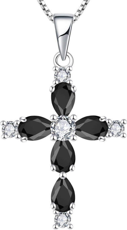Cross Necklace for Women 925 Sterling Silver Halo Gemstone Pendant Birthstone Religious Jewelry for Mom