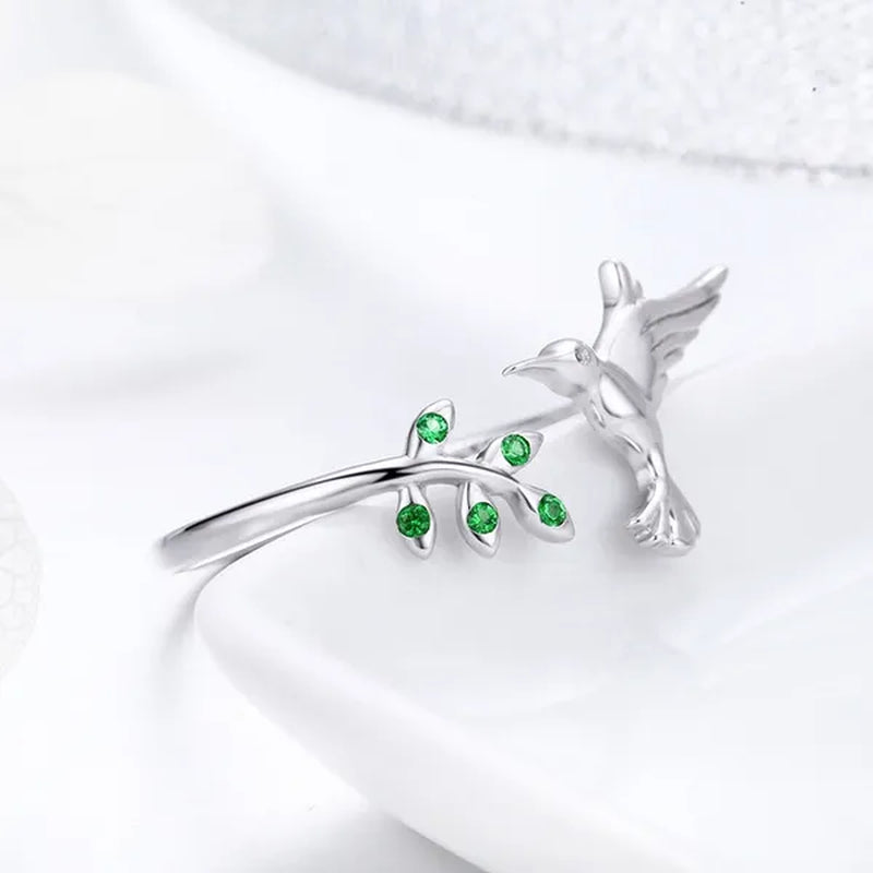 Hot Cute Bird Animal Open Ring 925 Sterling Silver Green Zircon Leaf Ring For Women Fashion Jewelry Gift