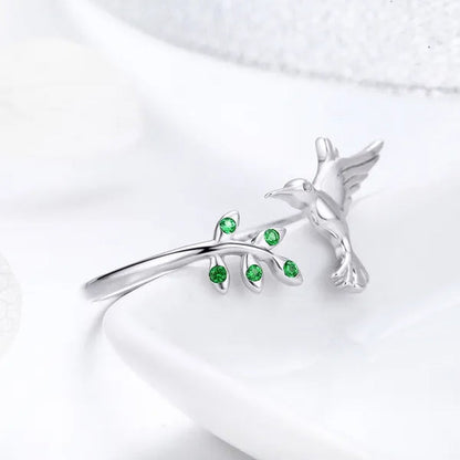 Hot Cute Bird Animal Open Ring 925 Sterling Silver Green Zircon Leaf Ring For Women Fashion Jewelry Gift