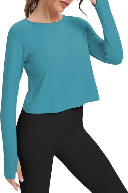 Long Sleeve Athletic Workout Shirts Sports Yoga Gym Crop Tops for Women
