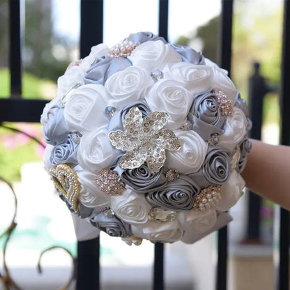 21CM Satin Ribbon Roses Wedding Bouquet Pearl Crystal Brooch Bride Holding Flowers Artificial Rose Wedding Flower Bridesmaid Bouquet. Multi-color Optional