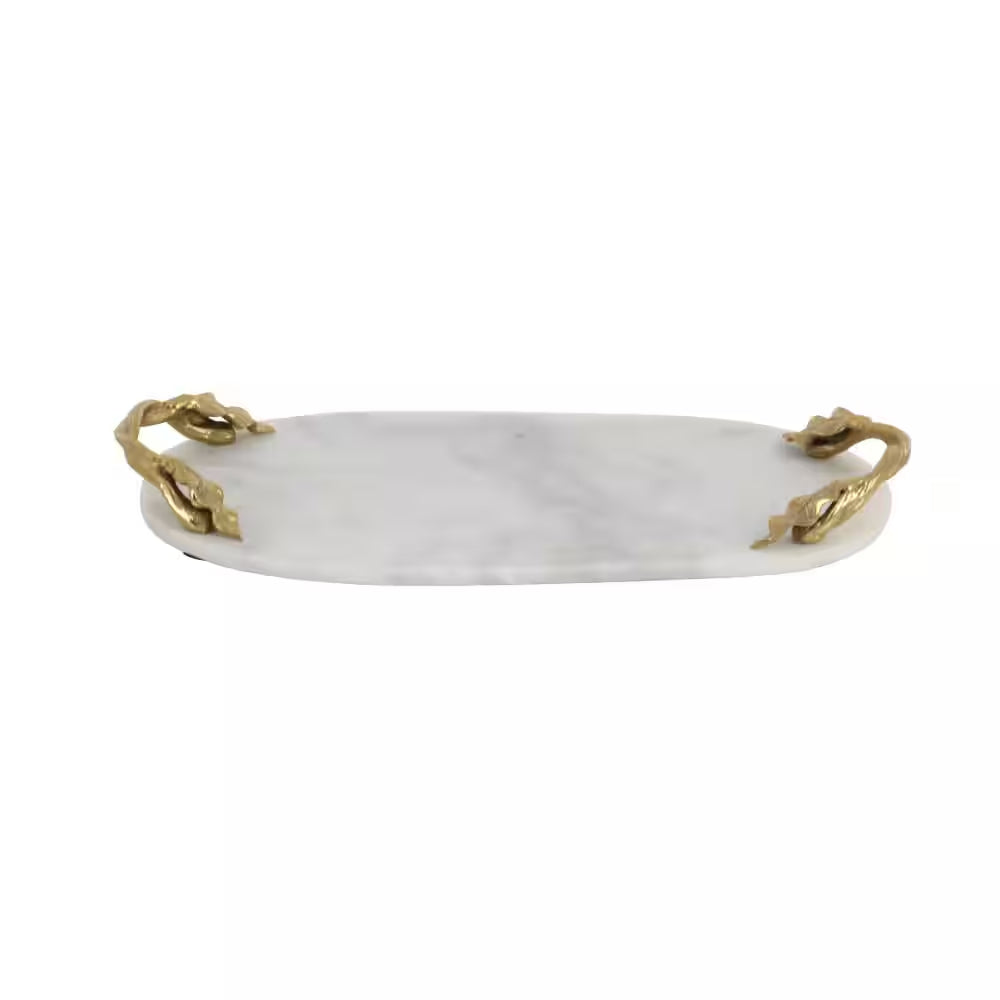 White Marble Decorative Tray with Gold Twisted Leaf Handles
