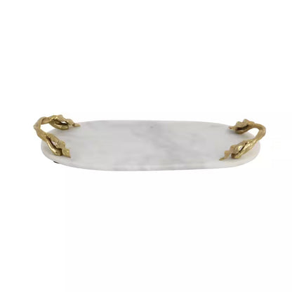 White Marble Decorative Tray with Gold Twisted Leaf Handles