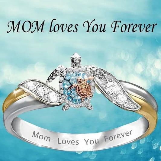 Exquisite Lover White Sapphire Gemstone Two-tone  Gold  Mom Loves You Forever  Cute Sea Turtle  Silver Rings for Women Lover's Mother's Day Gift Anniversary Party Banquet Ring Size 5-11