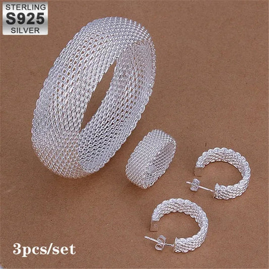 Charm 925 Sterling Silver Bangle Rings Earrings Bracelets Jewelry Set Hot Fine Weave Net Fashion Party Gifts