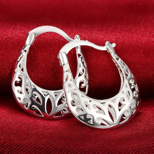 FASHION 925 Sterling Silver Jewelry Filigree Hoop Earrings for Women Charm Jewelry