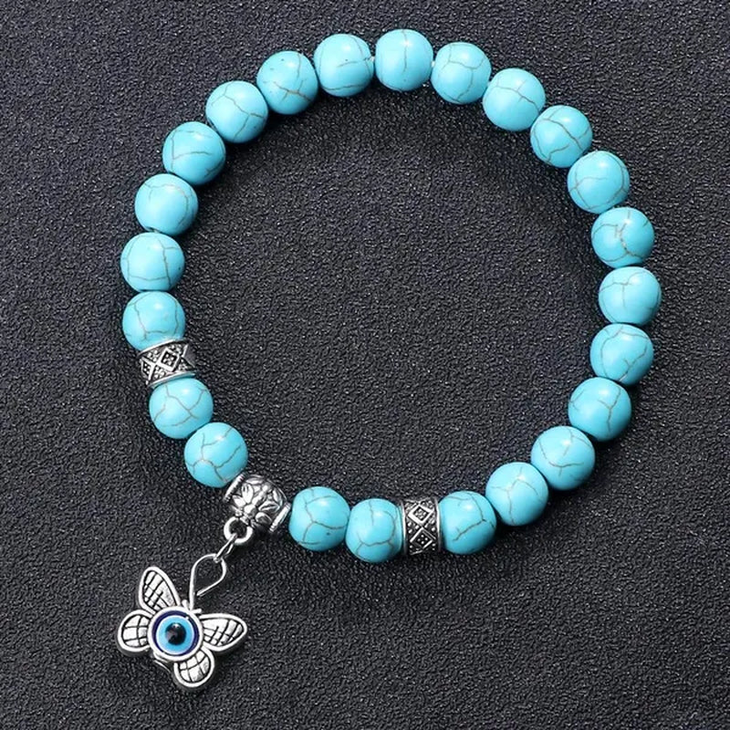 Turkey Evil Eye Beaded Bracelets Butterfly Buddhist Palm Hand Owl Turtle Alloy Pendant Bracelet Women Men Lucky Stretch Bangles Jewelry