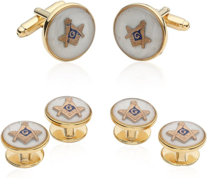 Mens White Freemason Cufflinks for Men with Shirt Studs | Masonic Tuxedo Formal Set Enamel Cufflinks and Studs with Travel Presentation Gift Box for Wedding Party Groomsmen Groom