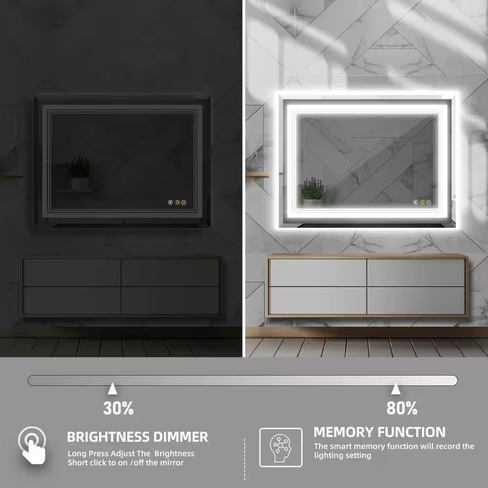 RS 48 In. W X 36 In. H Rectangular Beveled Edge 3 Colors Dimmable LED Anti-Fog Memory Wall Mount Bathroom Vanity Mirror