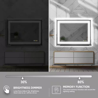 RS 48 In. W X 36 In. H Rectangular Beveled Edge 3 Colors Dimmable LED Anti-Fog Memory Wall Mount Bathroom Vanity Mirror