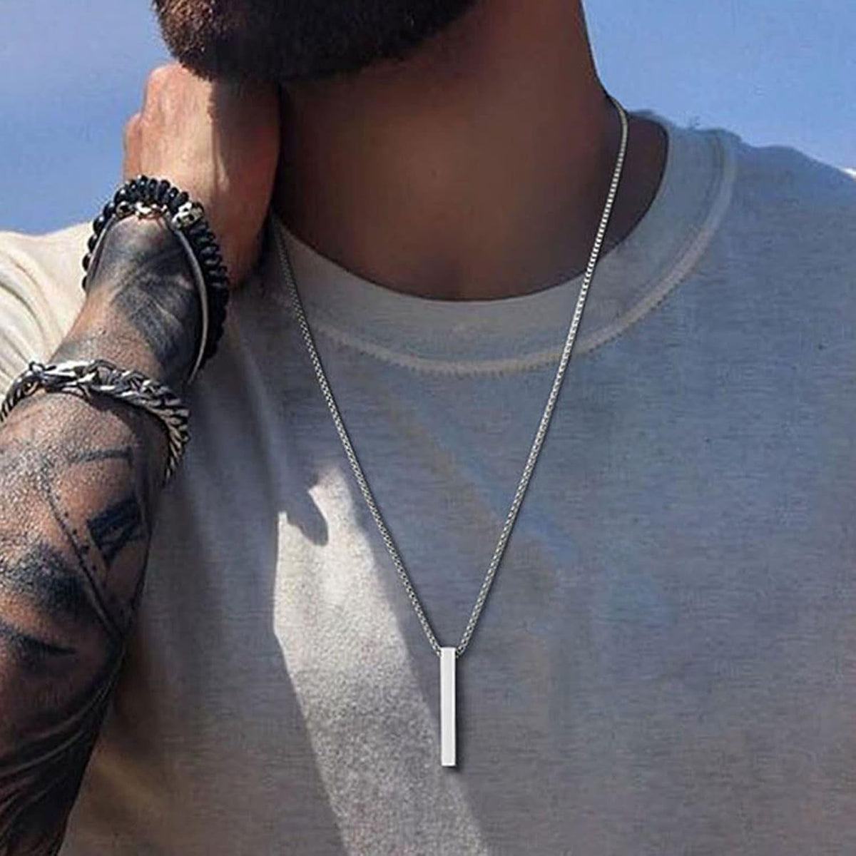 Bar Pendant Necklace for Men Stainless Steel Box Chain Pendant Men’S Necklace Jewelry Length 22Inch