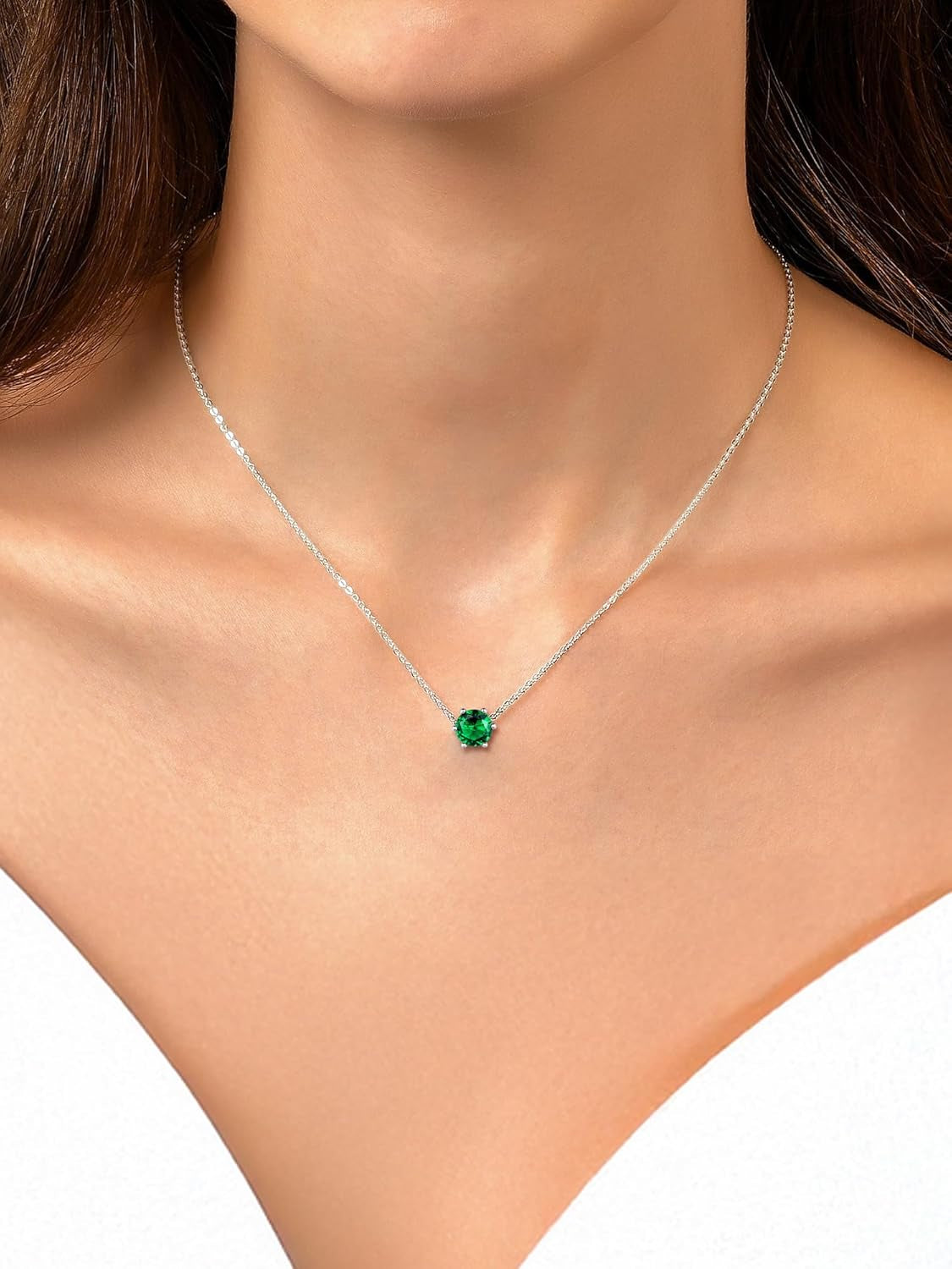 925 Sterling Silver 12 Months Sparkling round Cut Created Birthstone Pendant Necklace, 16 Inch Rolo Chain (With Gift Box)