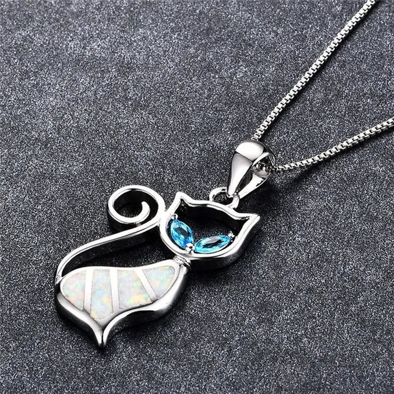 Fashion Elegant 925 Silver White Fire Opal Sapphire Cat Pendant Necklace Womens Jewelry Gifts