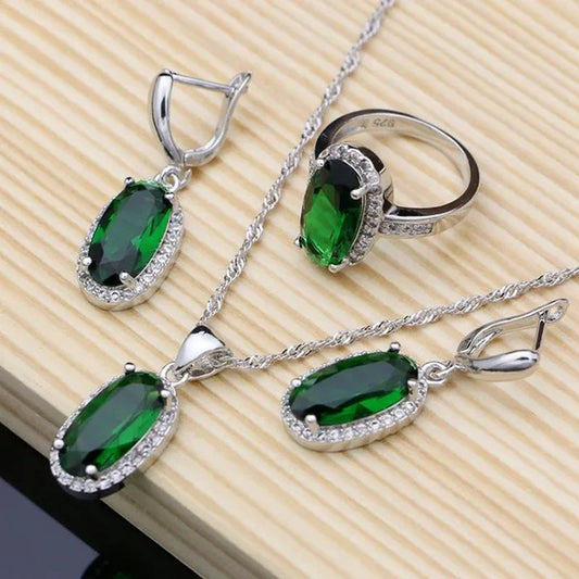 925 Sterling Silver Jewelry Oval Green Emerald Jewelry Sets for Bridal Women Decoration