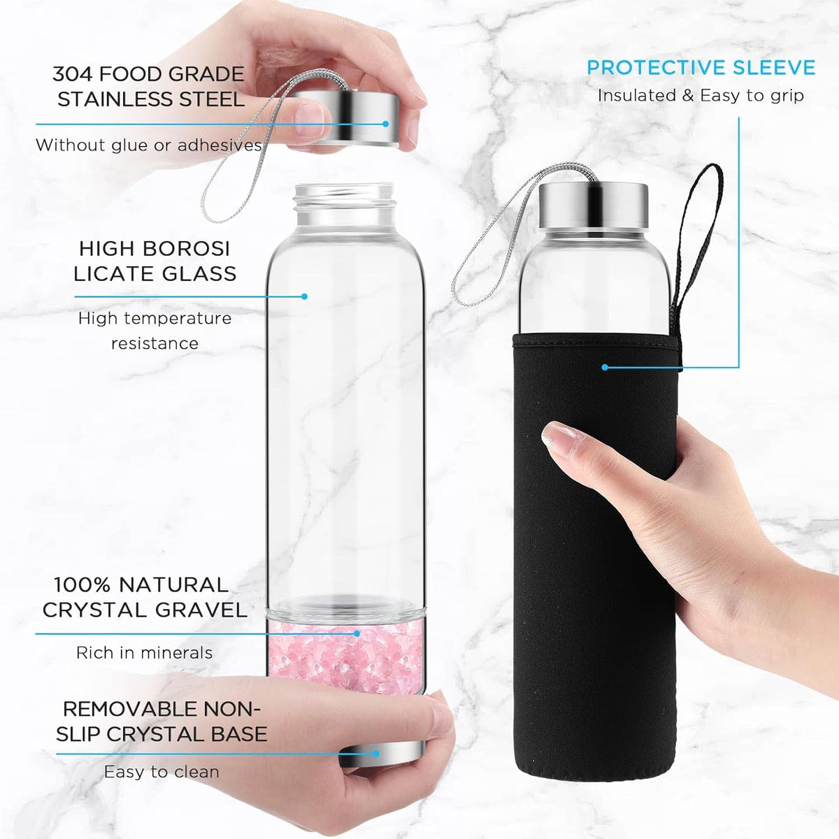 2 Pieces Crystal Glass Water Bottle with Gemstone Center Natural Amethyst and Rose Quartz Clear Water Bottle Quartz Crystal Cup Energy Cup for Healing and Wellness