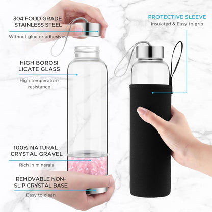 2 Pieces Crystal Glass Water Bottle with Gemstone Center Natural Amethyst and Rose Quartz Clear Water Bottle Quartz Crystal Cup Energy Cup for Healing and Wellness