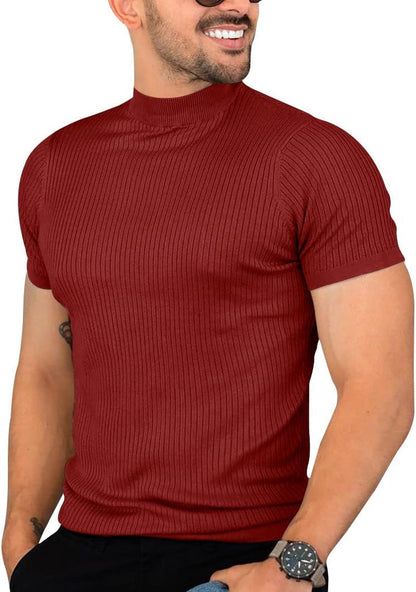Mens Casual Slim Fit Basic Tops Short Sleeve Shirt Turtleneck T Shirts Rib Knitted Stretch Pullover Sweater