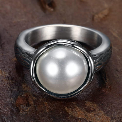 Stainless Steel Faux Pearl Solitaire Style Wedding Engagement Proposal Statement Anniversary Ring