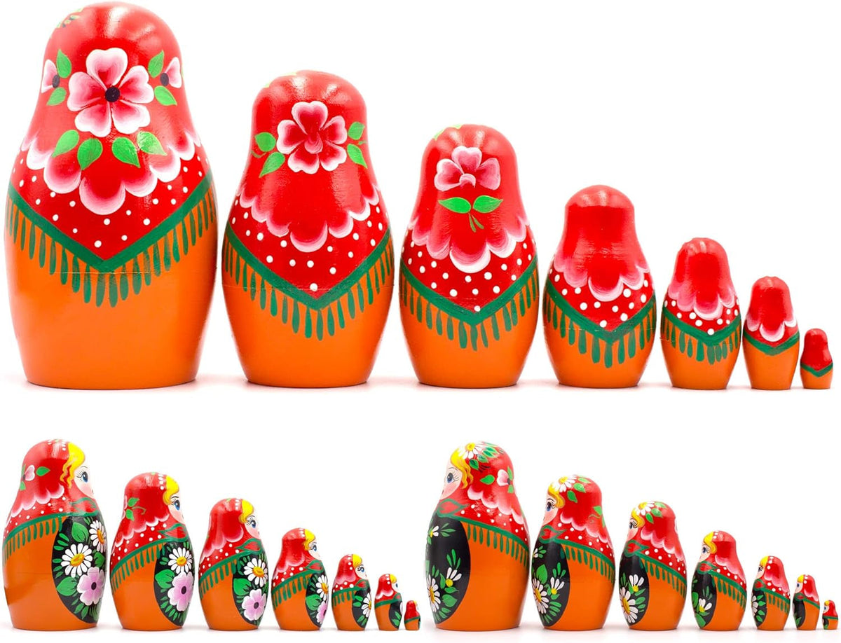 Russian Nesting Dolls Set of 7 Pcs - Matryoshka Doll with Hand Painted Bouquet of Lily and Daisy Flowers - Flower Summer Decorations