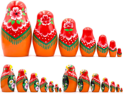 Russian Nesting Dolls Set of 7 Pcs - Matryoshka Doll with Hand Painted Bouquet of Lily and Daisy Flowers - Flower Summer Decorations