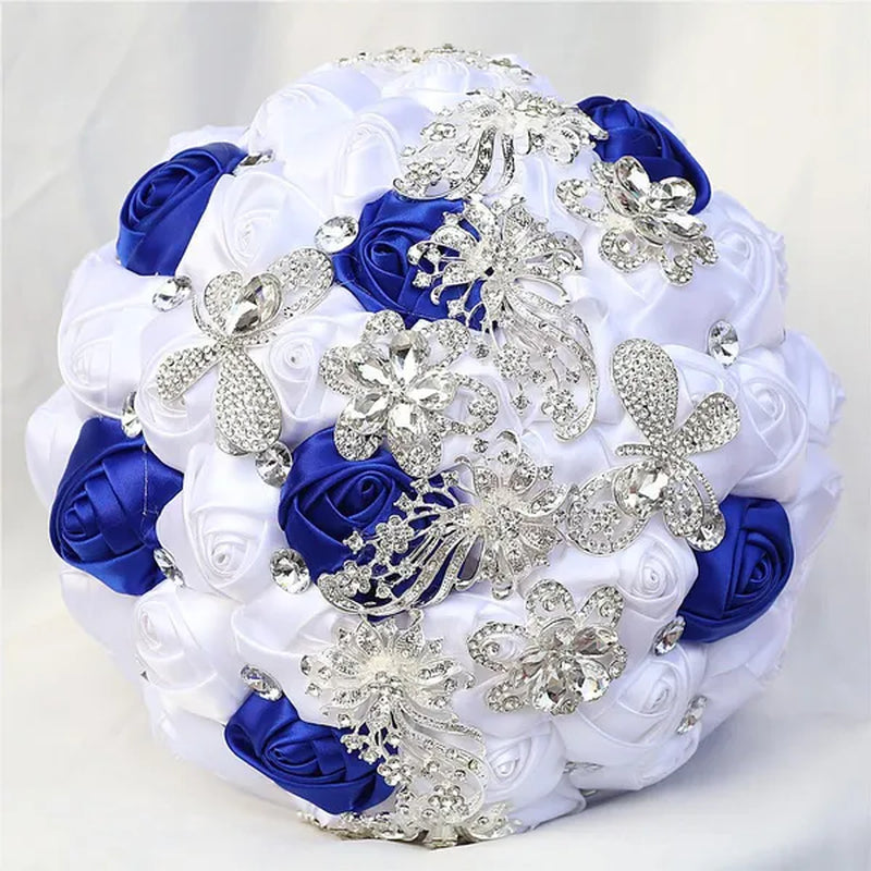 21CM Silver Rhinestone Bridal Hand Flowers Ribbon Wedding Hand Bouquet Mixed Color Silk Rose Diamond Brooch Bridesmaid Bouquet Wedding Supplies