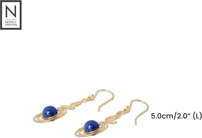 Artisan Handmade 24K Gold Plated Lapis Lazuli Dangle Earrings Crafted Brass Blue Thailand Modern 'Follow the Dream'
