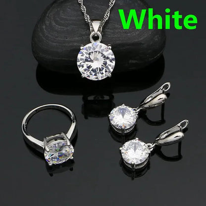 925 Sterling Silver Jewelry Sets Green Emerald Earrings Ring Pendant Neckalce Round Jewelry Women Accessories