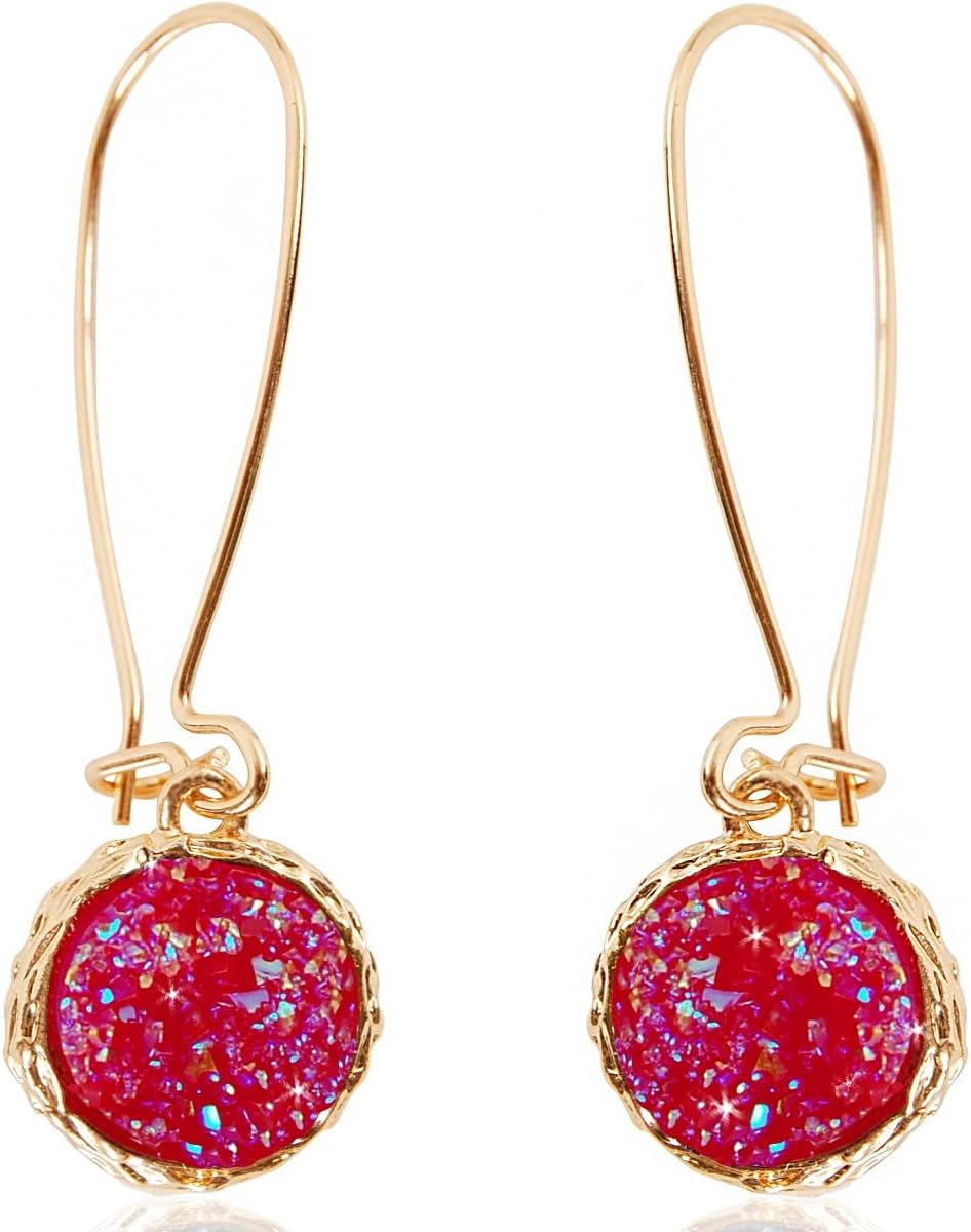 Humble Chic Simulated Druzy Threader Drop Earrings for Women - Gold, Silver, or Rose Gold Tone Trendy Boho Dangles with Sparkly Round Stone